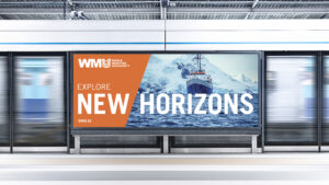 World Maritime University branded advertising on out of home billboard in transport station