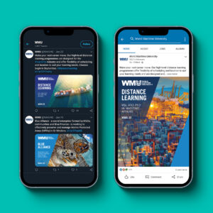 Mobile devices showing social media posts for the World Maritime University in the brand style.