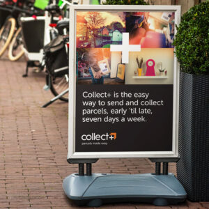 Collect Plus external store signage design in the brand style