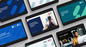 Selection of British Business Bank publication covers on tablet screens in the brand style