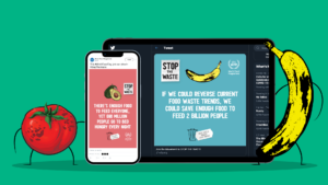 World Food Programme, Stop the Waste 2020 social media graphics in the campaign style. Mobile devices on green background.