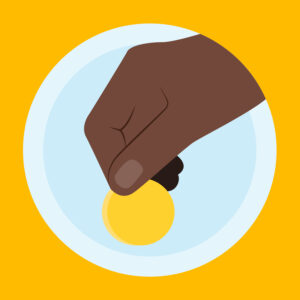 World Food Programme, Share the Meal illustration of a hand holding coin currency