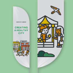 The London Plan pop up sail banner with illustration. Mayor of London.