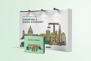The London Plan event design backdrop featuring illustration. Text reads 'Growing a good economy' Mayor of London.