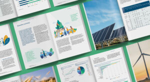 United Nations Climate Change: Needs-based Climate Finance report internal pages featuring text layout, illustration and photography