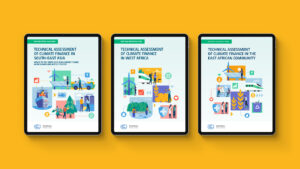 United Nations Climate Change: Needs-based Climate Finance report covers featuring illustrations in the brand style, displayed on tablets, yellow background.