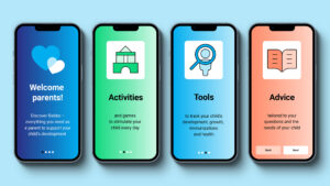 Mobile app screens in the brand style for UNICEF Bebbo parenting app.