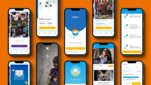 Collage of mobile devices showcasing app screen visuals for the World Food Programme App, Share the Meal
