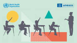 World Health Organisation and UNESCO, Health Promoting Schools campaign graphic illustrations of school children and teacher
