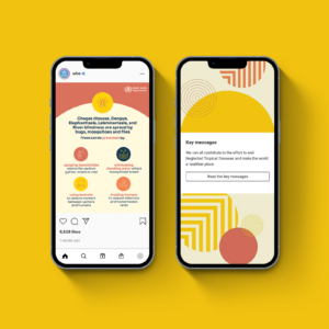 Two mobile devices displaying social media posts for the World Health Organisation, neglected tropical diseases day 2022. Yellow background.