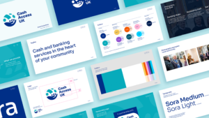 Collage of multiple pages from the Cash Access UK brand guidelines designed by 400. A light green or teal background with pages highlighting the brand logo, colour, typography and imagery usage rules.