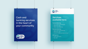 Two posters hanging on a wall, one blue and one green, advertising banking services for Cash Access UK.
