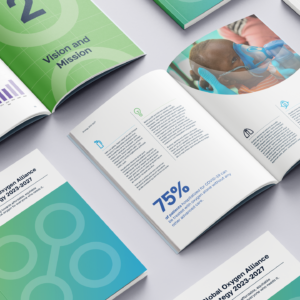 Collage of open brochures showcasing the visual identity design of the Global Oxygen Alliance, by 400.