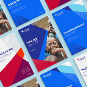 A collage of colorful brochures for Unitaid, a global health initiative that works to end epidemics and save lives. The brochures and pamphlets have titles such as “Investment Case 2023-2027” and “Strategy 2023-2027” and are in shades of blue, red, and white. They showcase brand graphics and photography from the new visual identity created by 400.