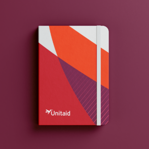 Notebook design for Unitaid featuring the new visual identity graphics in a red and orange. Design concept by 400.