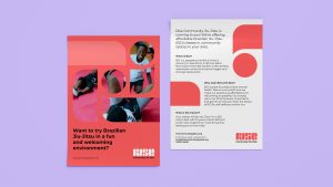 400 case study image of the Rise: Community Jiu Jitsu visual identity. Front and back of flyer with pattern and text.