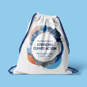 400 case study image of the World Ozone Day 2024 campaign. Draw string bag merchandise.