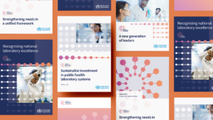 A flatlay of brochure covers for the World Health Organisation's Global Lab Recognition programme