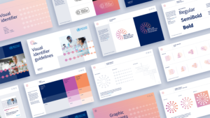 Pages of a brand guideline for the WHO Global Lab Recognition programme, showing rules for logo display, colour palette, iconography, and typography.